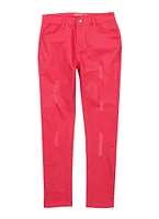Girls Twill Distressed Pants, Pink, Size 10