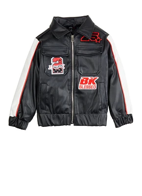 Little Girls Color Block Graphic Patch Moto Jacket, Black, Size 6X