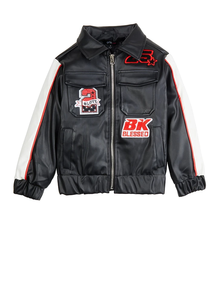 Little Girls Color Block Graphic Patch Moto Jacket, 4