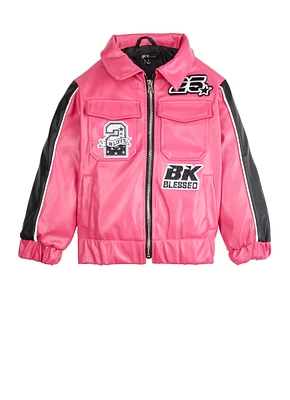 Little Girls Color Block Graphic Patch Moto Jacket, Pink, Size 4