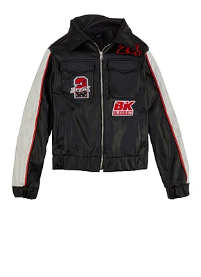 Girls Color Block Graphic Patch Moto Jacket, Black, Size 10-12