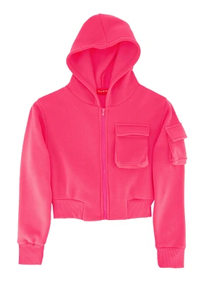 Girls Fleece Cargo Pocket Zip Front Hoodie, Pink, Size 7-8