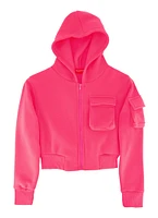 Girls Fleece Cargo Pocket Zip Front Hoodie, Pink, Size 7-8