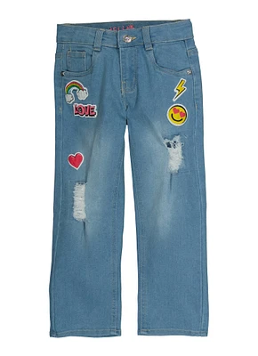 Little Girls Patch and Repair Graphic Wide Leg Jeans, Blue, Size 6