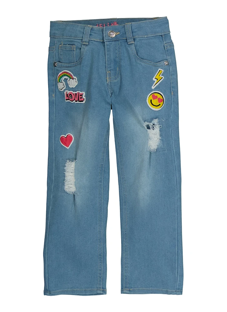 Little Girls Patch and Repair Graphic Wide Leg Jeans, Blue,