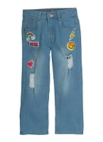 Little Girls Patch and Repair Graphic Wide Leg Jeans, Blue,