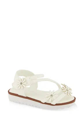 Womens Toddler Girls Flower Detail Velcro Strap Sandals, White,