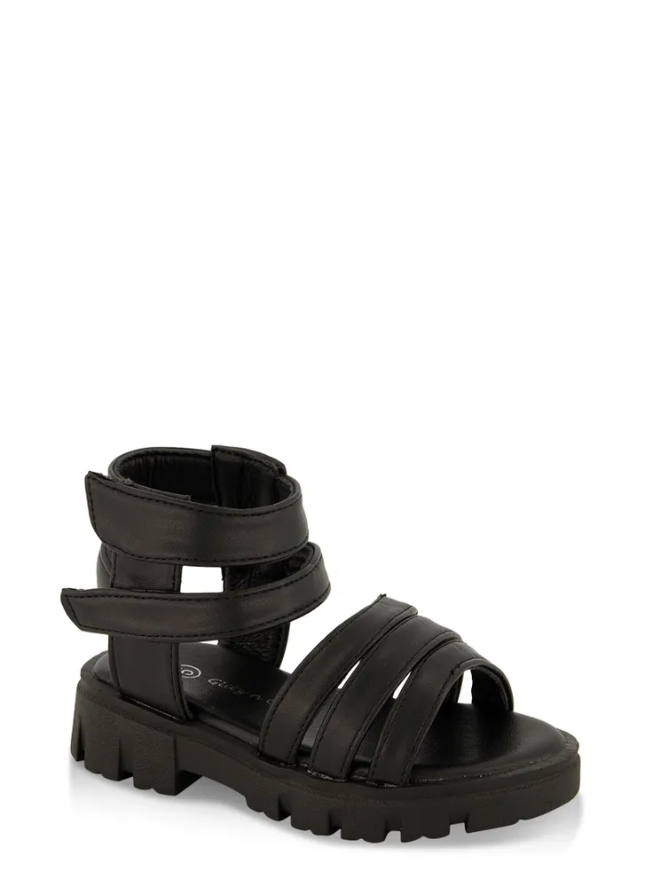 Womens Toddler Girls Double Velcro Strap Lug Sole Gladiator Sandals, Black, Size 5