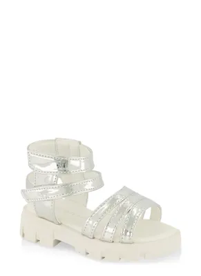 Womens Toddler Girls Double Velcro Strap Lug Sole Gladiator Sandals, Silver, Size 8