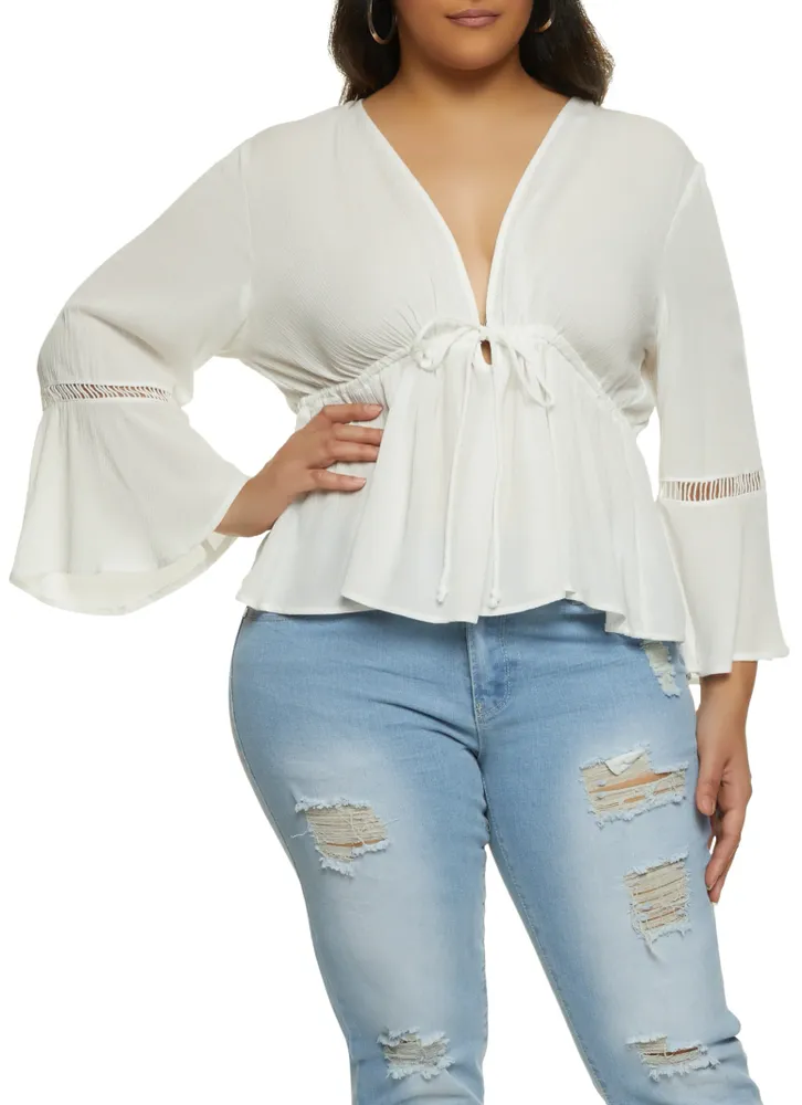 Womens Plus Size Bell Sleeve Peasant Top, White, Size 1X