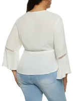 Womens Plus Size Bell Sleeve Peasant Top, White, Size 1X