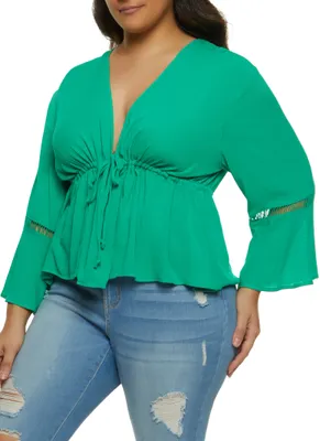 Womens Plus Size Bell Sleeve Peasant Top, Green, Size 2X