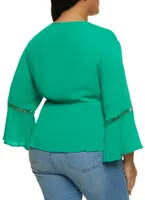 Womens Plus Size Bell Sleeve Peasant Top, Green, Size 2X