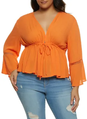 Womens Plus Size Bell Sleeve Peasant Top, Orange, Size 1X