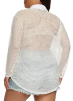 Womens Plus Size Fishnet Button Front Tunic Shirt, White, Size 3X