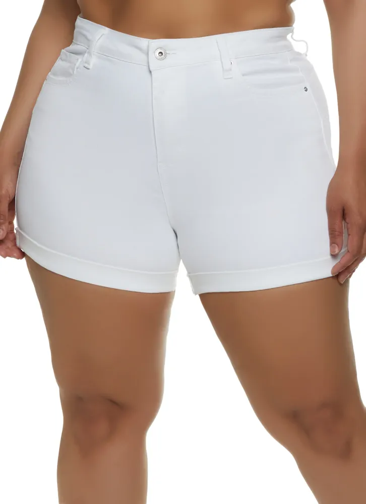 Womens Plus Size WAX Fixed Cuff Denim Shorts, White, Size 2X