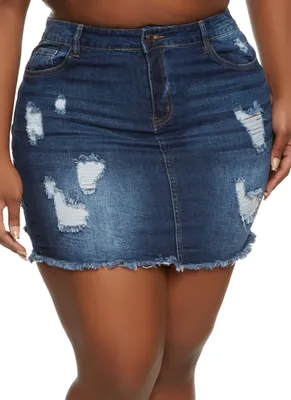 Womens Plus Size WAX Distressed Denim Mini Skirt, Blue, Size 1X