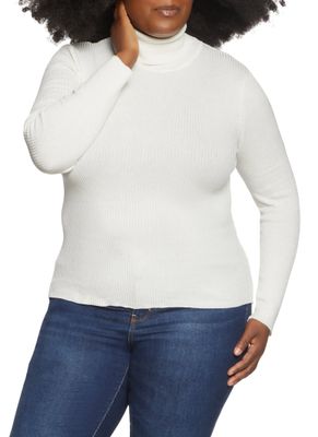 Womens Plus Size Rib Knit Turtleneck Sweater White Size 1X