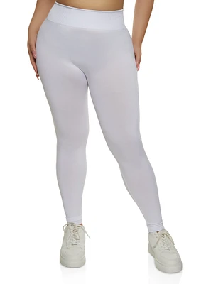 Womens Plus Size Seamless High Waist Knit Leggings, White, Size 1X-2X