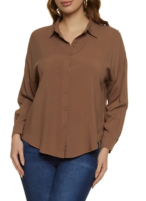 Womens Solid Long Sleeve Button Front Shirt,