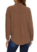 Womens Solid Long Sleeve Button Front Shirt,