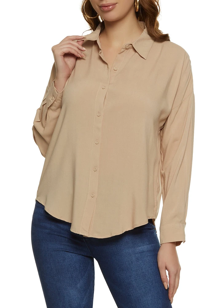 Womens Solid Long Sleeve Button Front Shirt, Beige, Size L