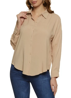 Womens Solid Long Sleeve Button Front Shirt, Beige, Size L