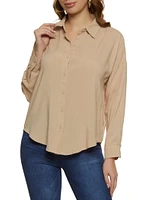 Womens Solid Long Sleeve Button Front Shirt, Beige, Size L