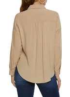 Womens Solid Long Sleeve Button Front Shirt, Beige, Size L
