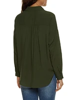 Womens Solid Long Sleeve Button Front Shirt, Green, Size L