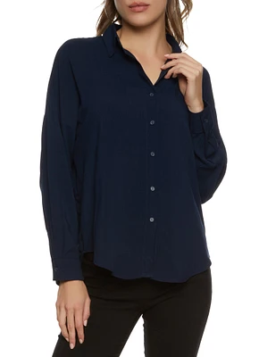 Womens Solid Long Sleeve Button Front Shirt, Blue, Size L