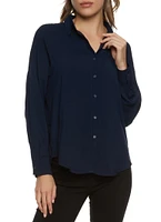 Womens Solid Long Sleeve Button Front Shirt, Blue, Size L