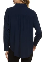 Womens Solid Long Sleeve Button Front Shirt, Blue, Size L