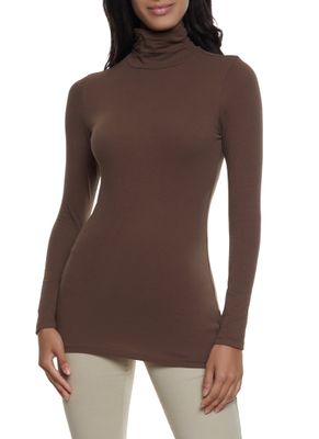 Womens Ruched Long Sleeve Turtleneck Top, Brown, Size M