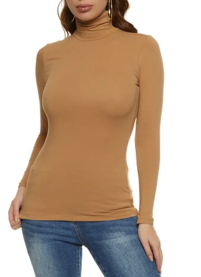 Womens Solid Long Sleeve Turtleneck Top, Beige,