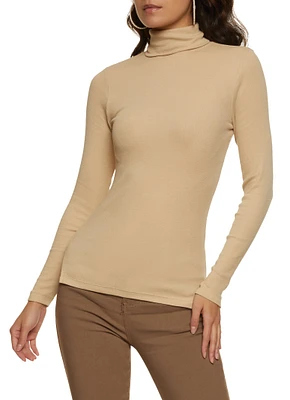 Womens Basic Turtleneck Long Sleeve Top, Beige, Size L