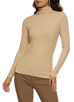 Womens Basic Turtleneck Long Sleeve Top, Beige, Size L