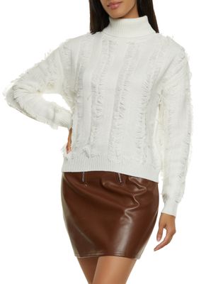 Womens Fringe Knit Turtleneck Sweater White Size Medium