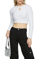 Womens Bubble Knit Keyhole Crop Top, White, Size M