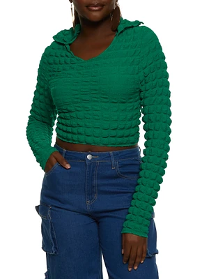 Womens Bubble Knit Johnny Collar Crop Top, Green, Size S