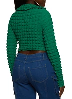 Womens Bubble Knit Johnny Collar Crop Top, Green, Size S
