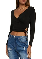 Womens Keyhole Side Faux Wrap Crop Top, Black, Size L