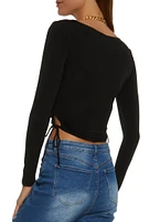Womens Keyhole Side Faux Wrap Crop Top, Black, Size L