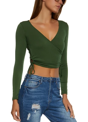 Womens Keyhole Side Faux Wrap Crop Top, Green, Size L