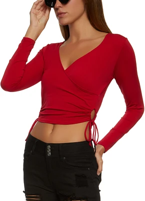 Womens Keyhole Side Faux Wrap Crop Top, Red, Size XL