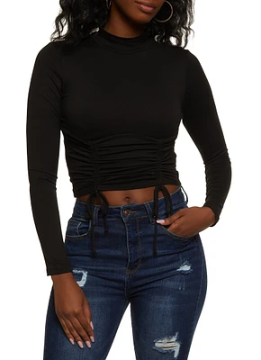 Womens Mock Neck Ruched Long Sleeve Crop Top,