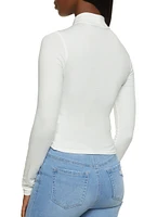 Womens Mock Neck Ruched Long Sleeve Crop Top, White, Size L