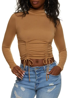 Womens Mock Neck Ruched Long Sleeve Crop Top,