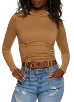 Womens Mock Neck Ruched Long Sleeve Crop Top,