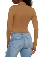 Womens Mock Neck Ruched Long Sleeve Crop Top,